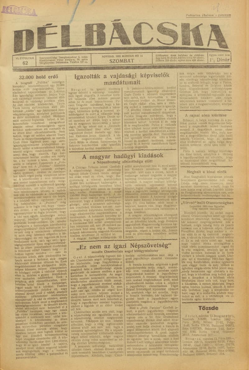 Délbácska, 6. évf. 1925. március 14. 62. sz.