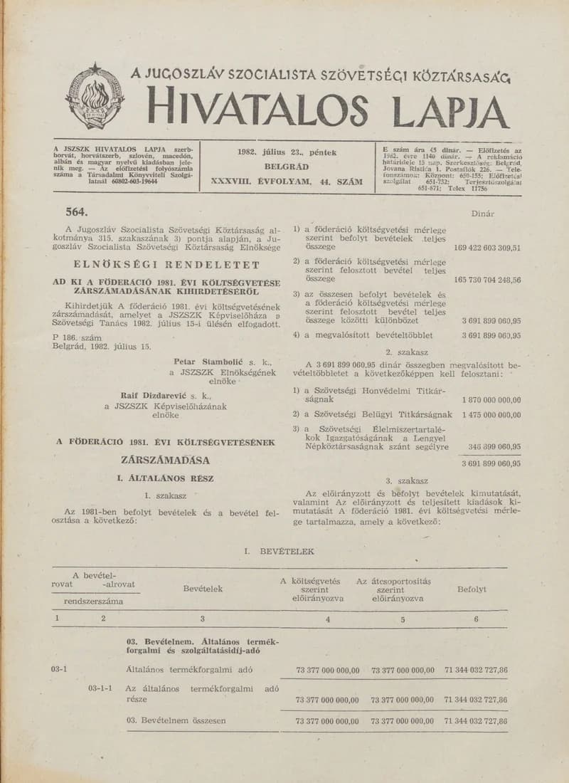 A Jugoszláv Szocialista Szövetségi Köztársaság Hivatalos Lapja, 38. évf. 1982. július 23. 44. sz. 1113–1184. oldal