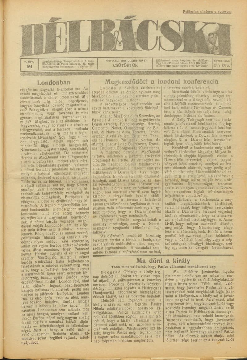 Délbácska, 5. évf. 1924. július 17. 164. sz.