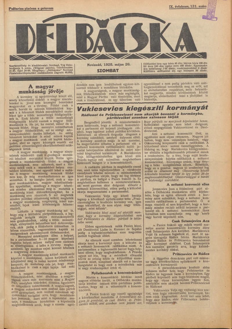 Délbácska, 9. évf. 1928. május 26. 121. sz.