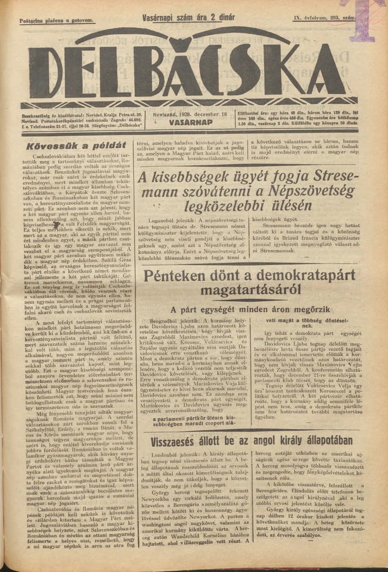 Délbácska, 9. évf. 1928. december 16. 293. sz.