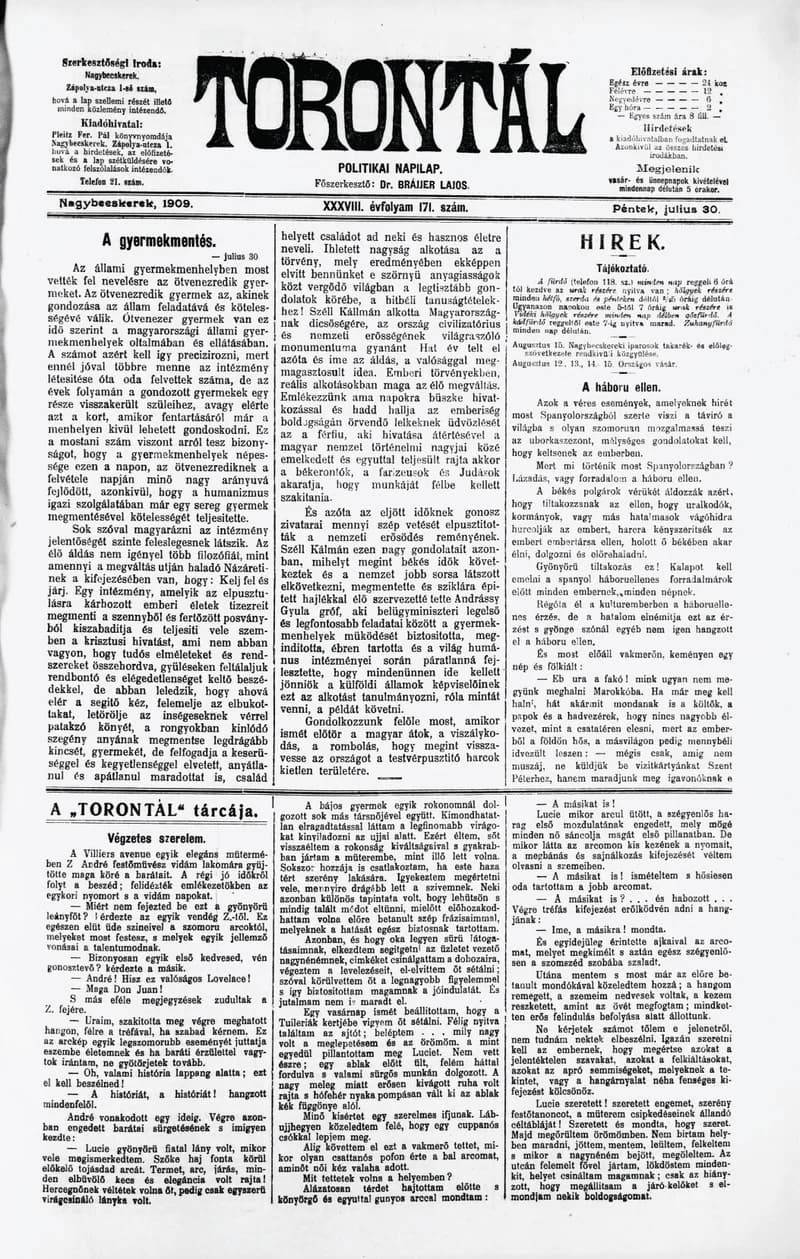 Torontál, 38. évf. 1909. július 30. 171. sz.
