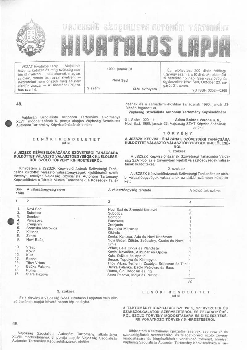 Vajdaság Szocialista Autonóm Tartomány Hivatalos Lapja, 46. évf. 1990. január 31. 2. sz.