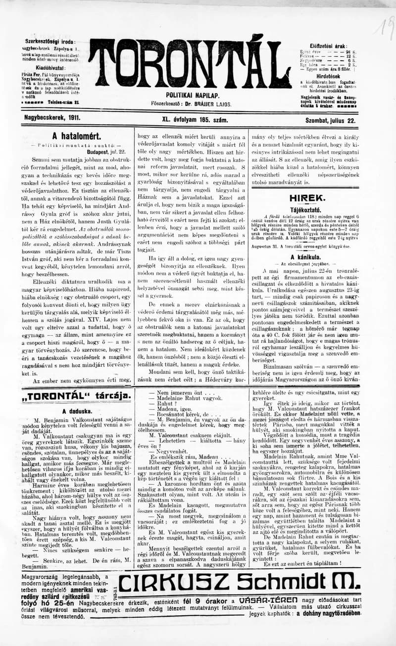 Torontál, 40. évf. 1911. július 22. 165. sz.
