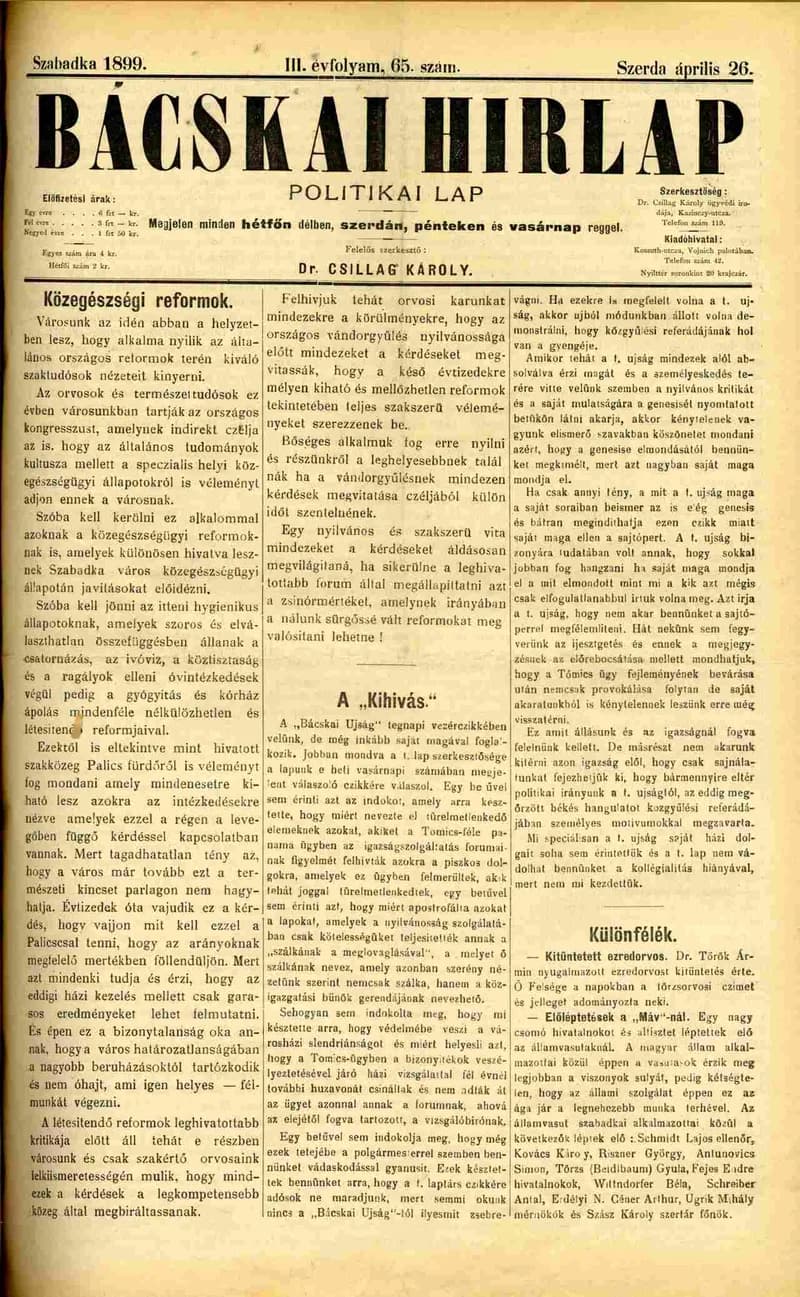 Bácskai Hirlap, 3. évf. 1899. április 26. 65. sz.