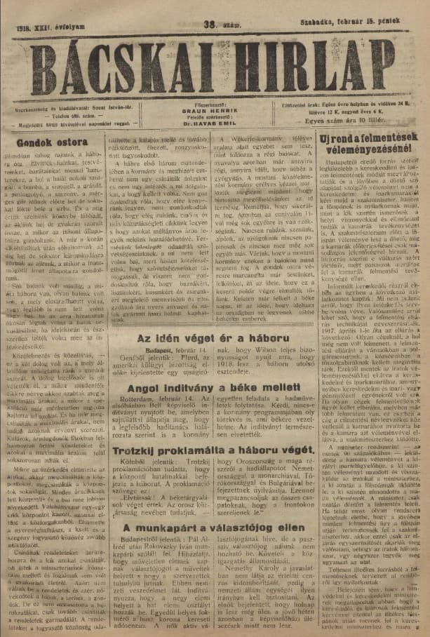 Bácskai Hirlap, 22. évf. 1918. február 15. 38. sz.