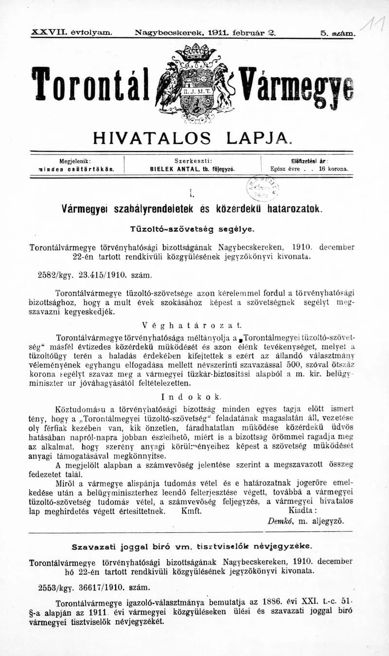 Torontál Vármegye Hivatalos Lapja, 27. évf. 1911. február 2. 5. sz.