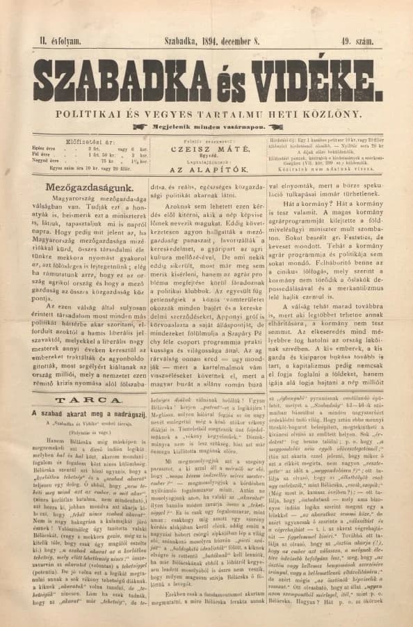 Szabadka és vidéke II, 2. évf. 1894. december 8. 49. sz.
