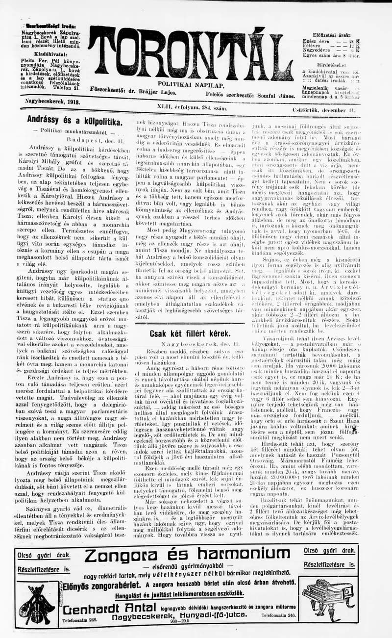 Torontál, 42. évf. 1913. december 11. 284. sz.