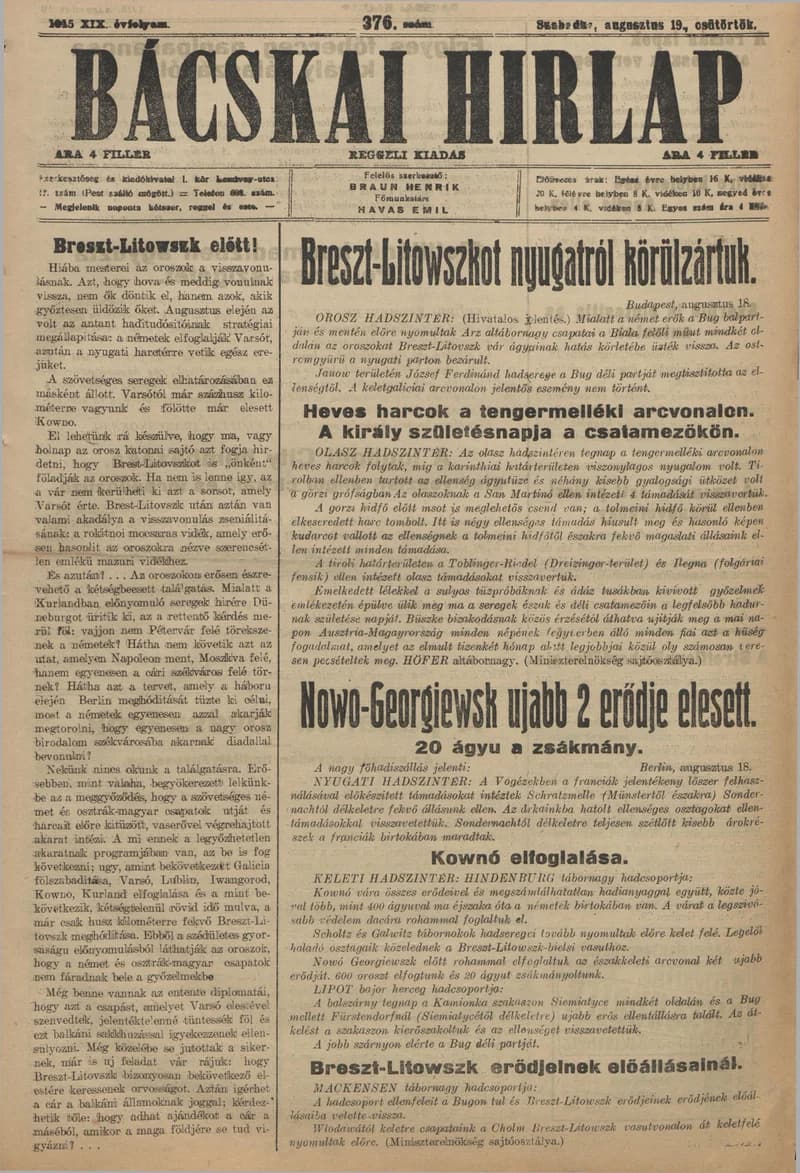 Bácskai Hirlap, 19. évf. 1915. augusztus 19. 376. sz.