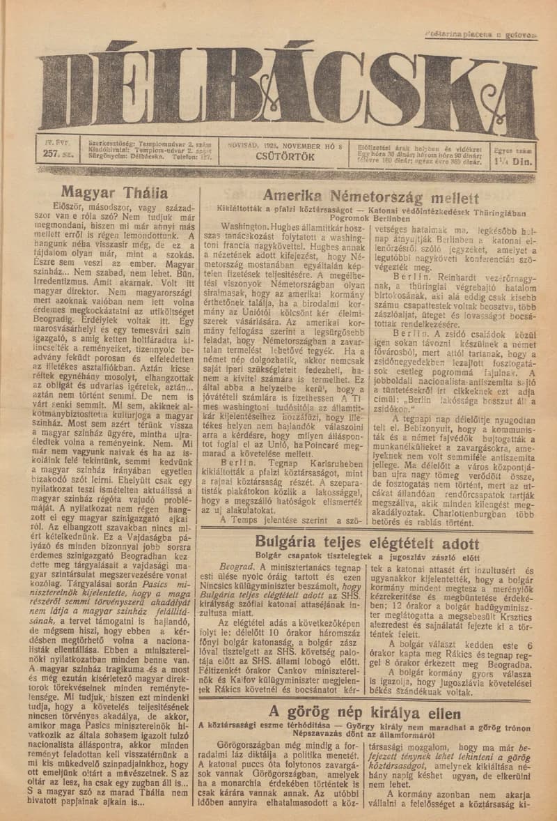 Délbácska, 4. évf. 1923. november 8. 257. sz.