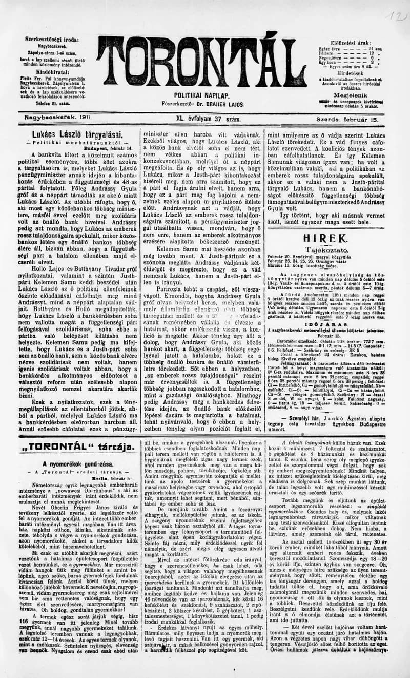 Torontál, 40. évf. 1911. február 15. 37. sz.