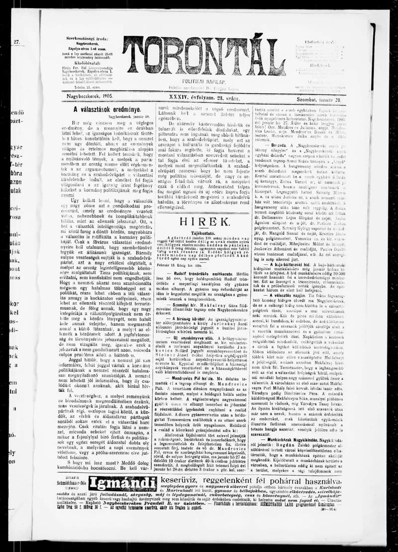 Torontál, 34. évf. 1905. január 28. 23. sz.