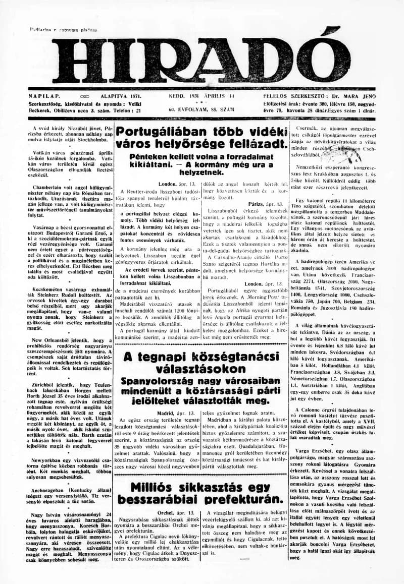 Híradó, 60. évf. 1931. április 14. 85. sz.