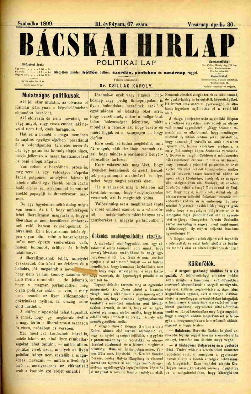 Bácskai Hirlap, 3. évf. 1899. április 30. 67. sz.