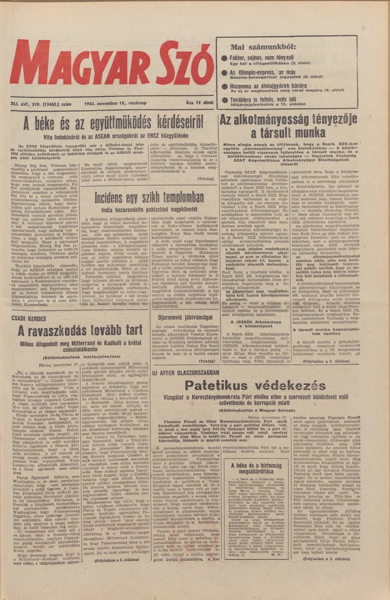 Magyar Szó, 41. évf. 1984. november 18. 319. sz. 1–28. oldal