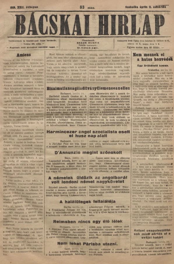 Bácskai Hirlap, 22. évf. 1918. április 11. 83. sz.