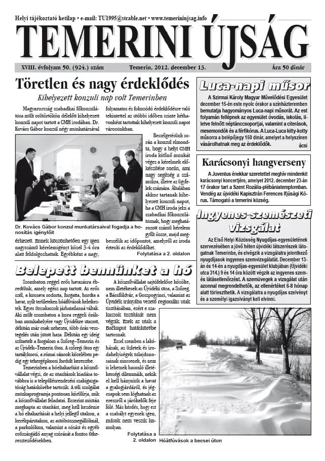 Temerini Újság, 18. évf. 2012. december 13. 50. sz.