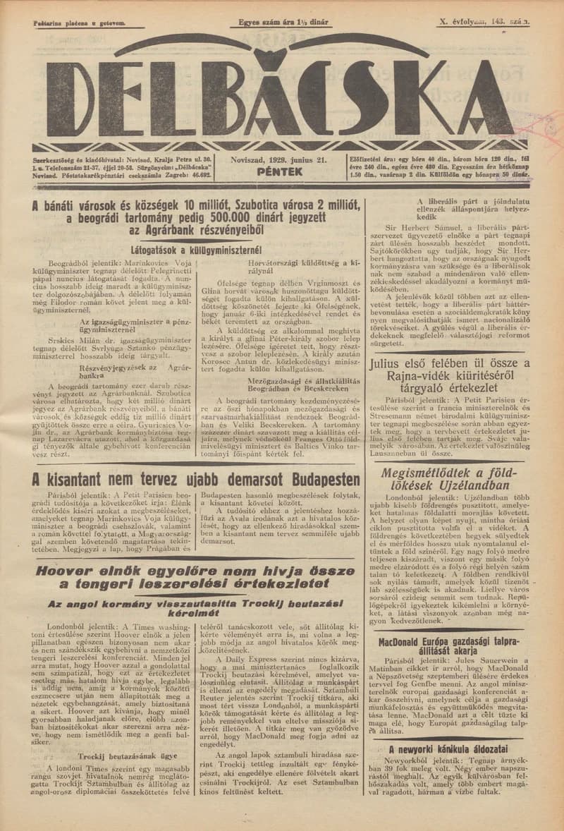 Délbácska, 10. évf. 1929. június 21. 143. sz.