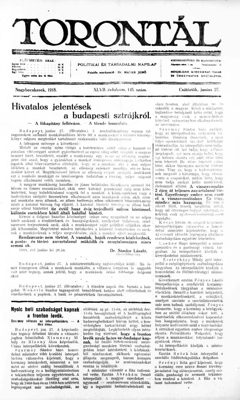 Torontál, 47. évf. 1918. június 27. 145. sz.
