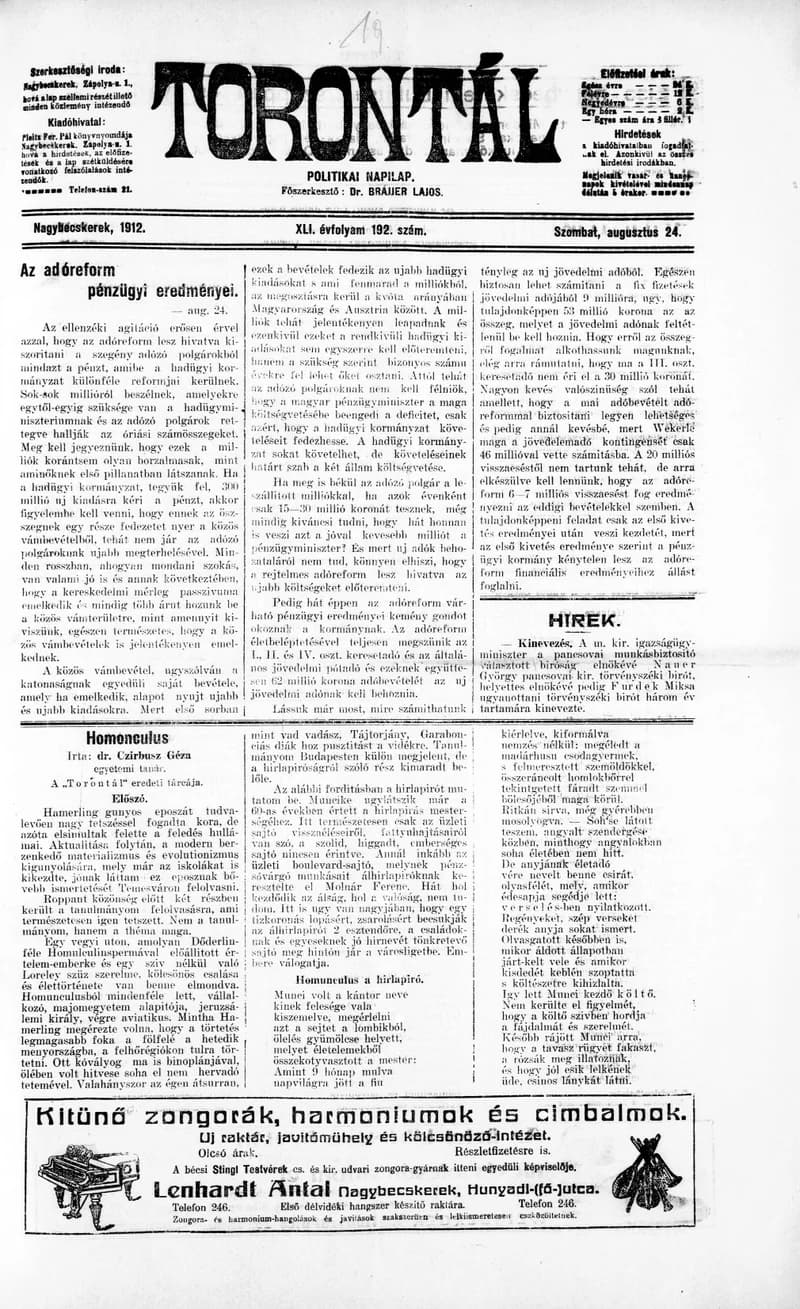 Torontál, 41. évf. 1912. augusztus 24. 192. sz.