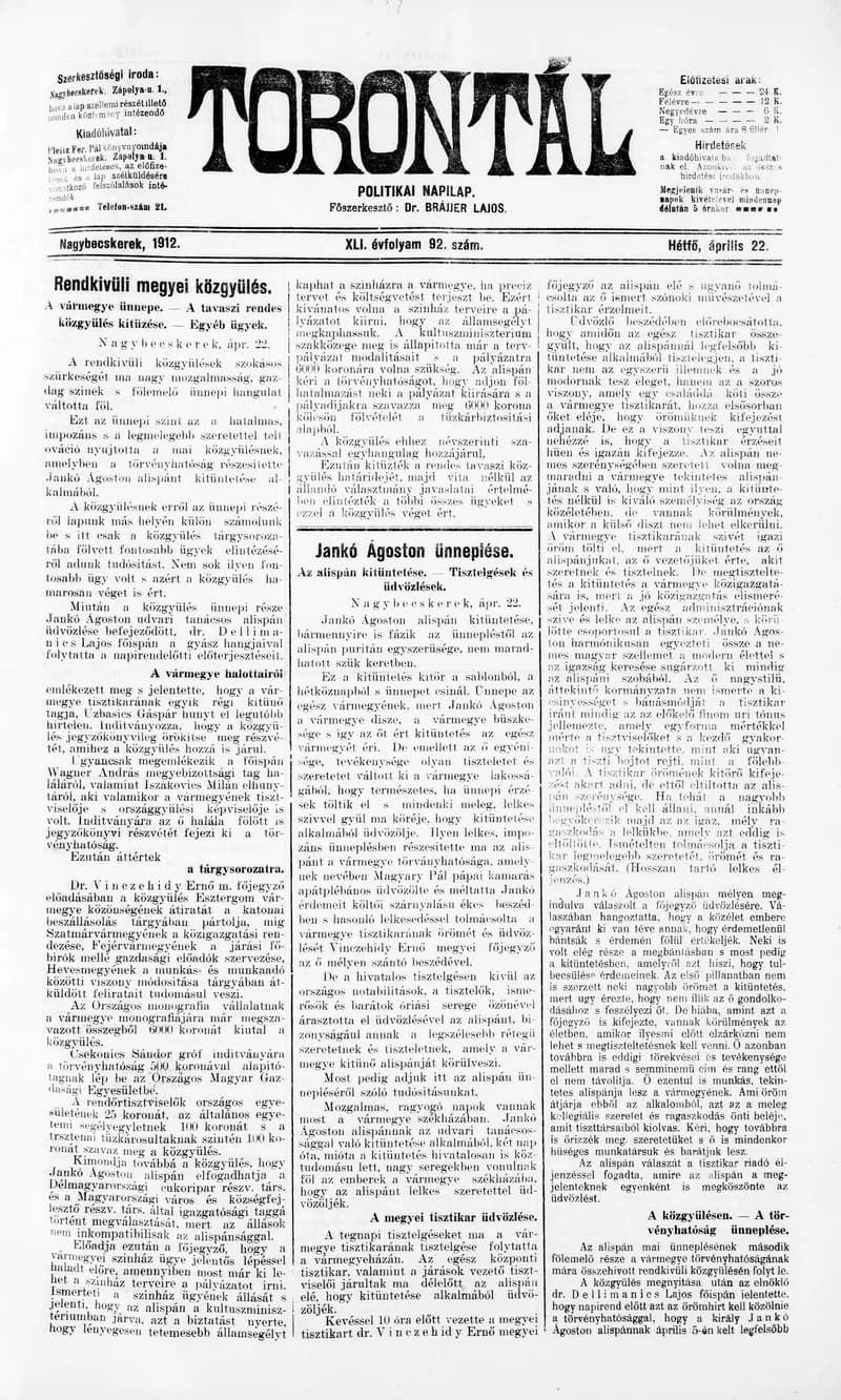 Torontál, 41. évf. 1912. április 22. 92. sz.