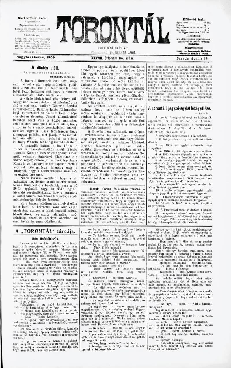Torontál, 38. évf. 1909. április 14. 84. sz.