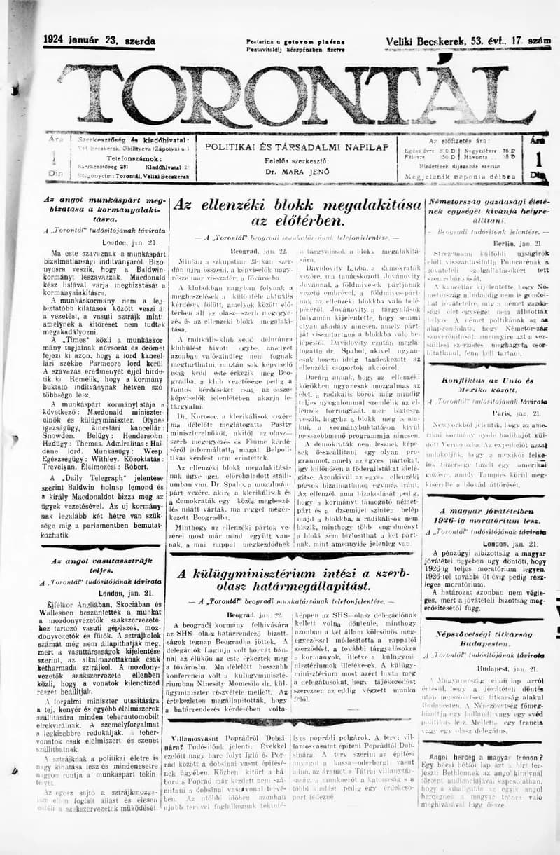 Torontál, 53. évf. 1924. január 23. 17. sz.