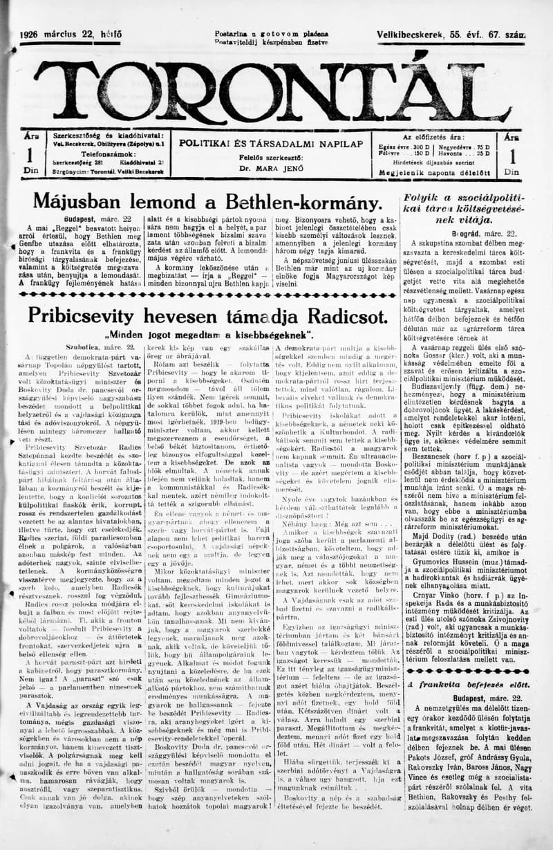Torontál, 55. évf. 1926. március 22. 67. sz.