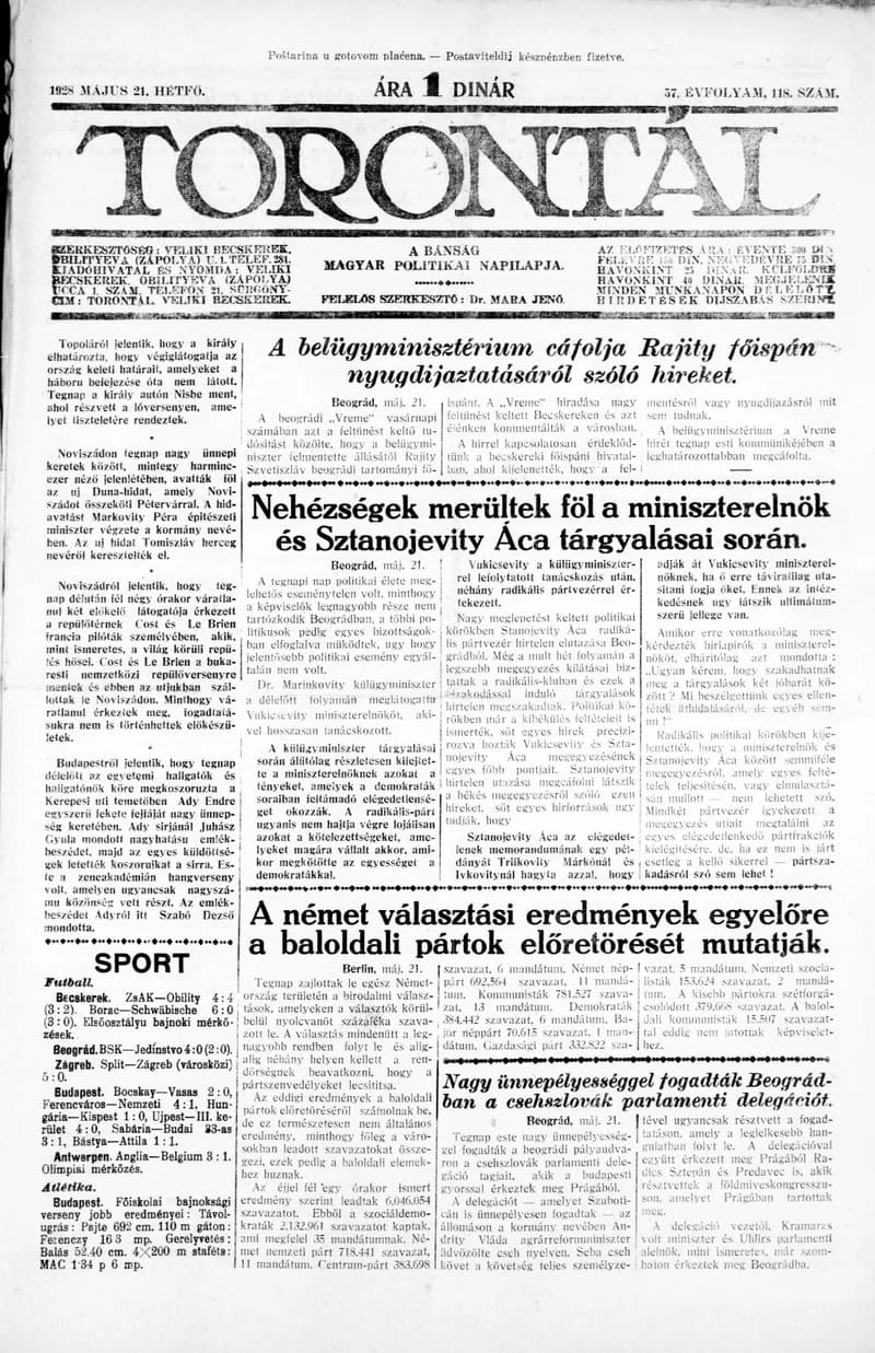 Torontál, 57. évf. 1928. május 21. 118. sz.