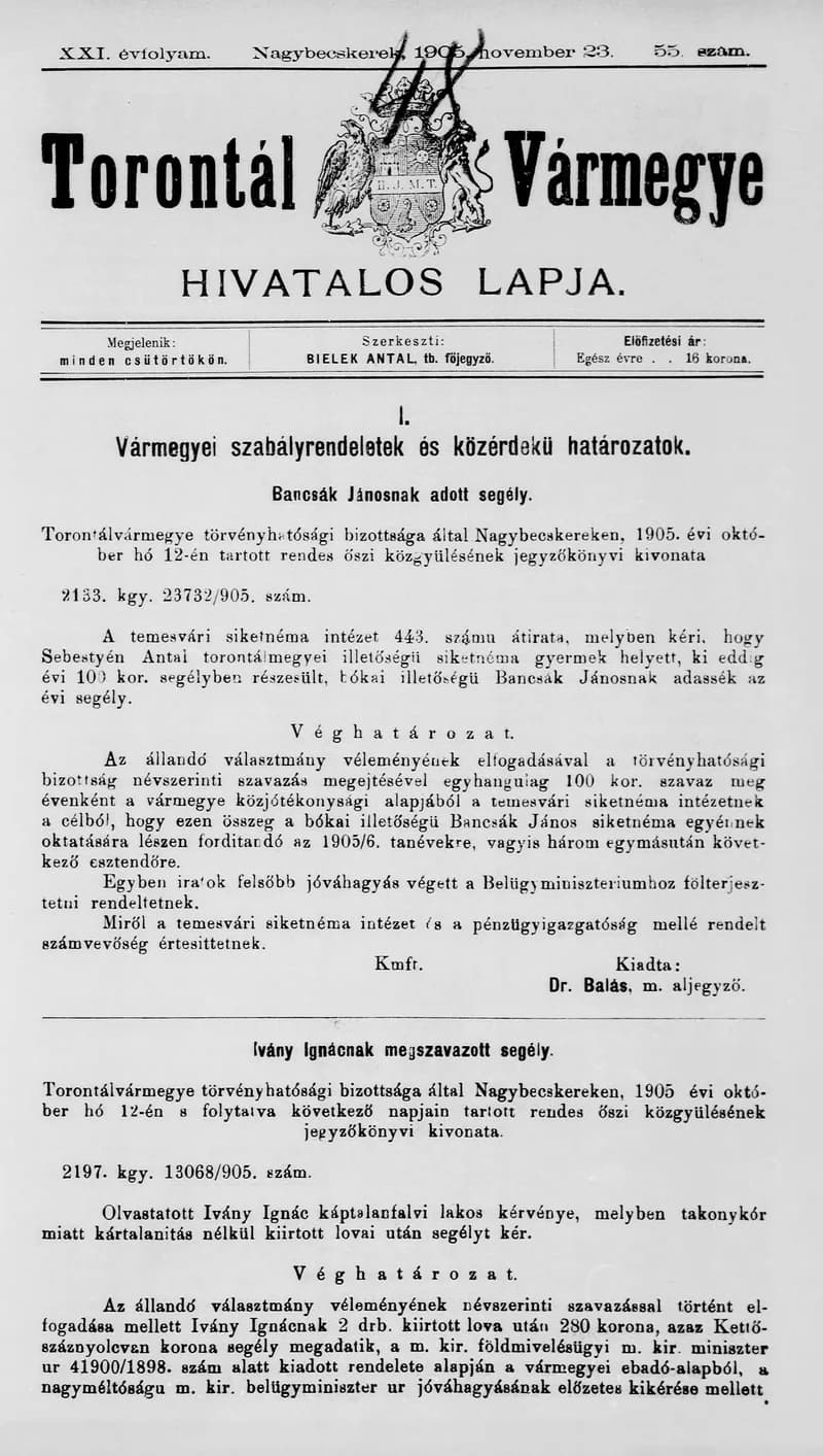 Torontál Vármegye Hivatalos Lapja, 21. évf. 1905. november 23. 55. sz.