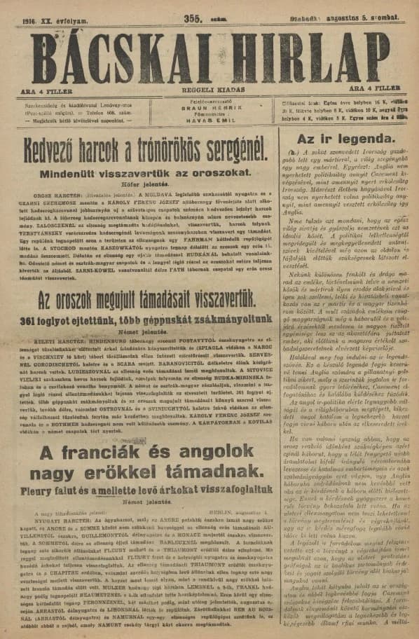 Bácskai Hirlap, 20. évf. 1916. augusztus 5. 355. sz.