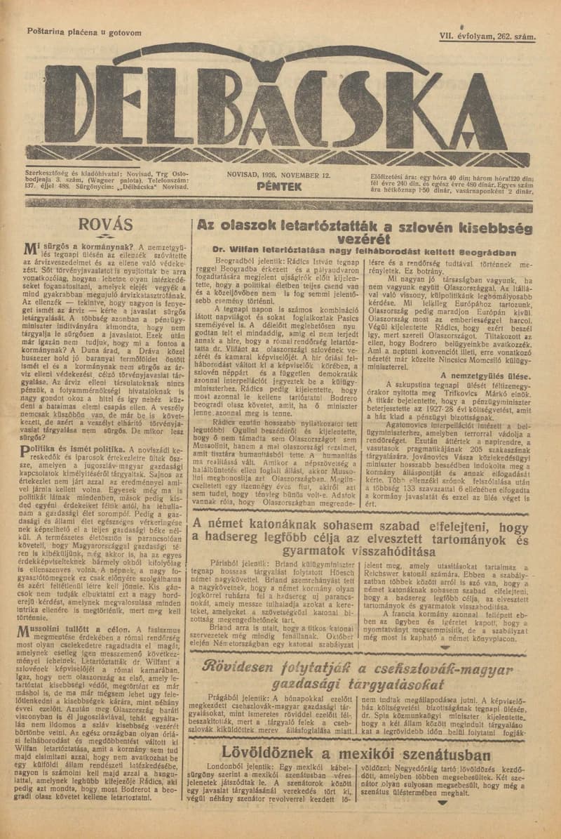 Délbácska, 7. évf. 1926. november 12. 262. sz.
