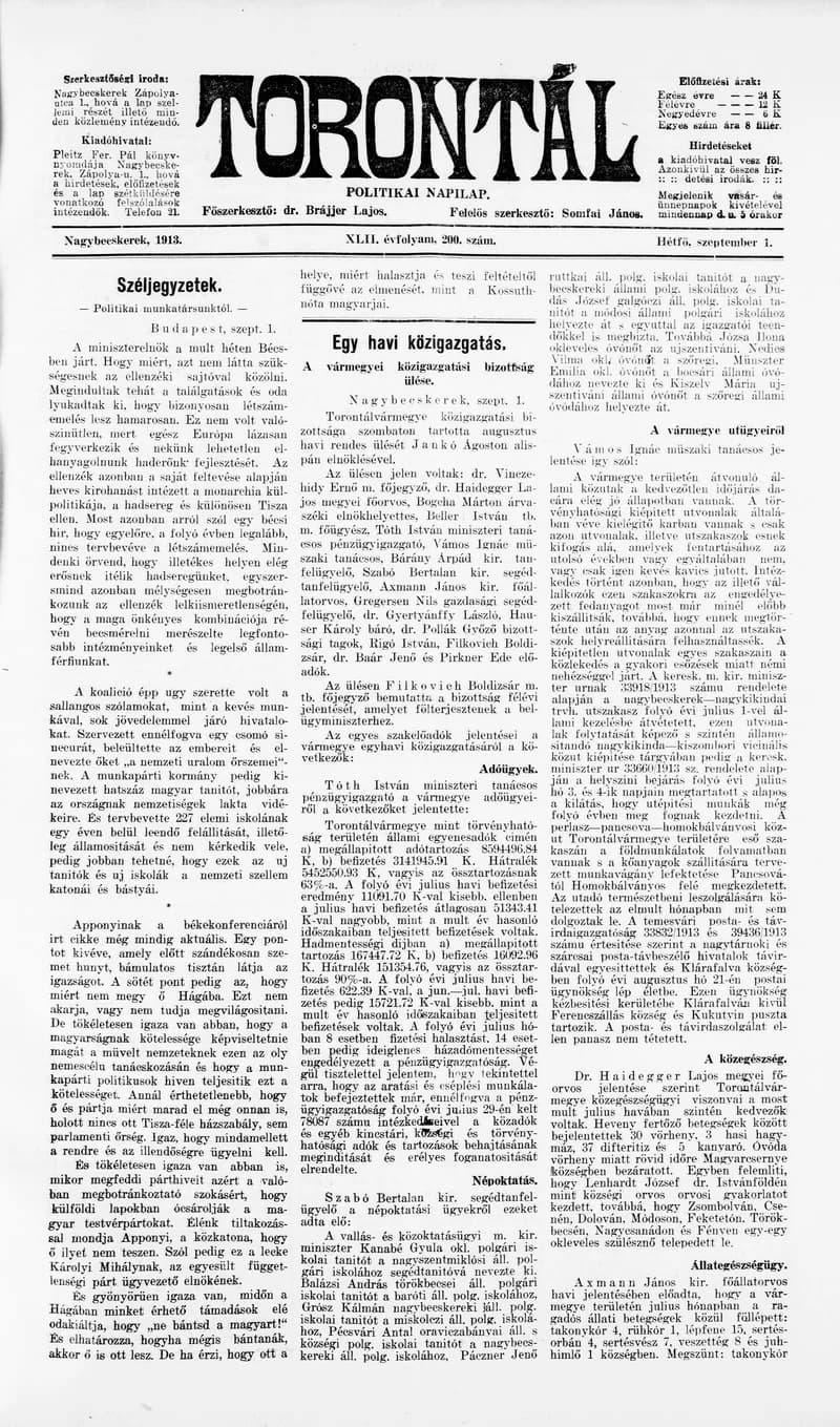 Torontál, 42. évf. 1913. szeptember 1. 200. sz.