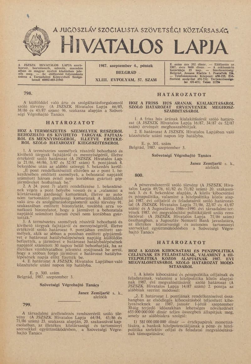 A Jugoszláv Szocialista Szövetségi Köztársaság Hivatalos Lapja, 43. évf. 1987. augusztus 4. 57. sz. 1413–1444. oldal