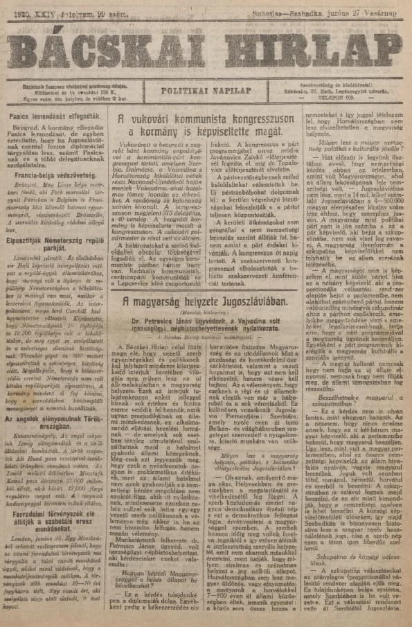 Bácskai Hirlap, 24. évf. 1920. június 27. 99. sz.
