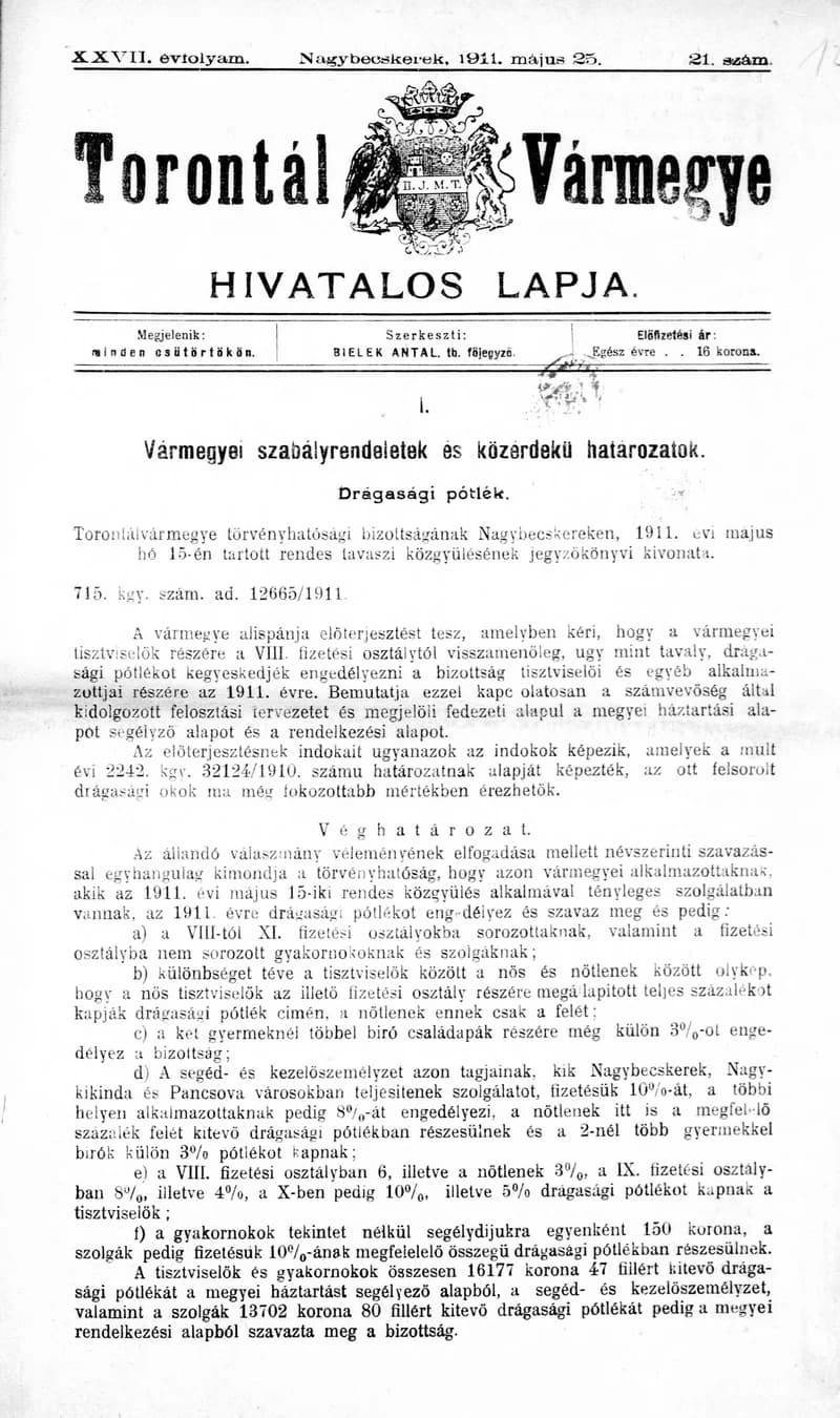 Torontál Vármegye Hivatalos Lapja, 27. évf. 1911. május 25. 21. sz.