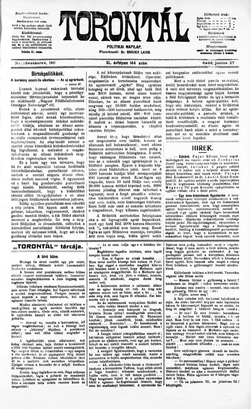 Torontál, 40. évf. 1911. június 27. 144. sz.