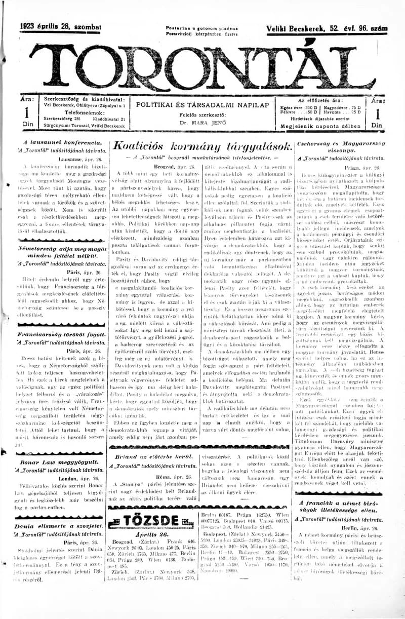 Torontál, 52. évf. 1923. április 28. 96. sz.