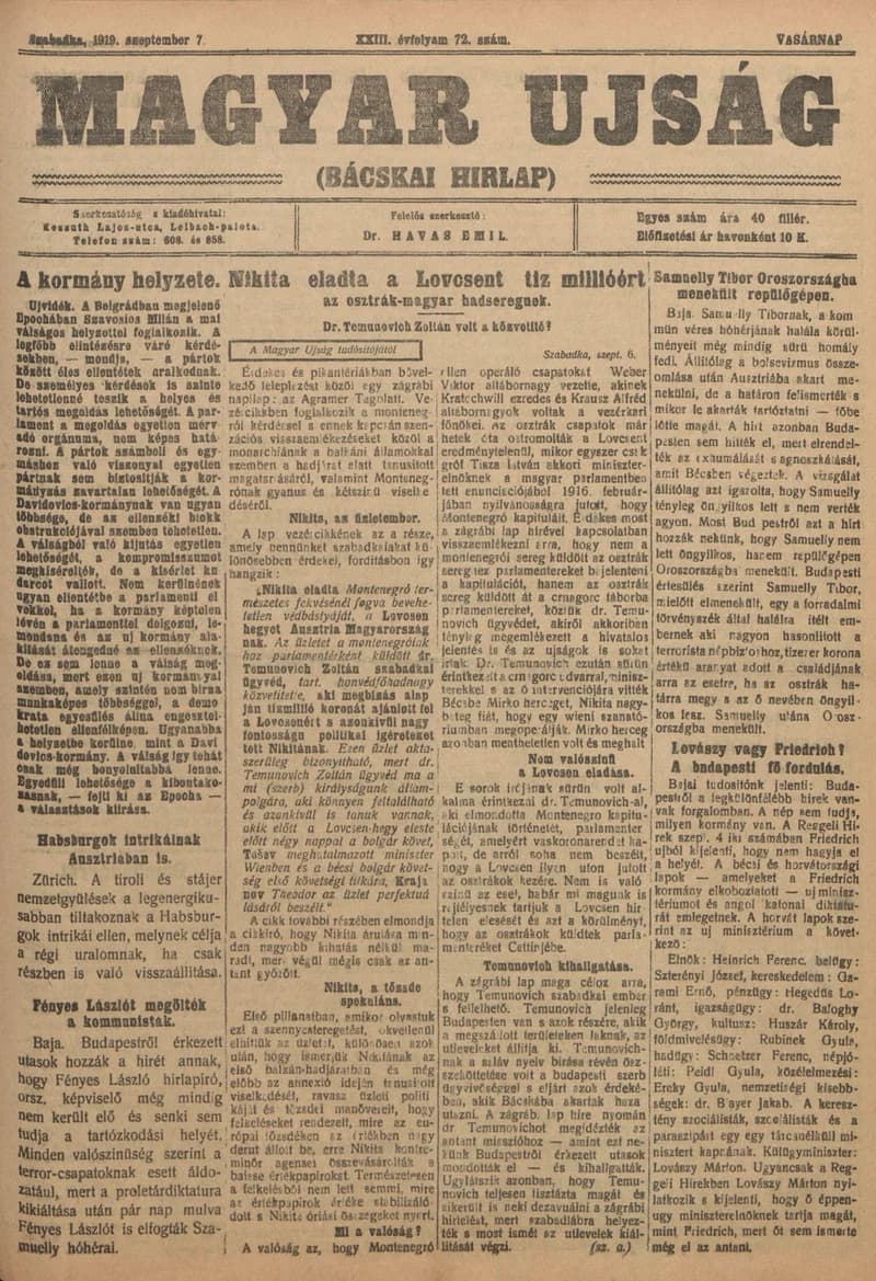 Bácskai Hirlap, 23. évf. 1919. szeptember 7. 72. sz.