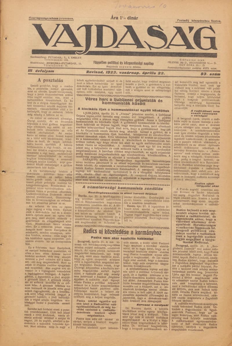 Vajdaság, 3. évf. 1923. április 22. 93. sz.