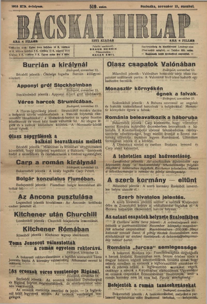 Bácskai Hirlap, 19. évf. 1915. november 13. 519. sz.