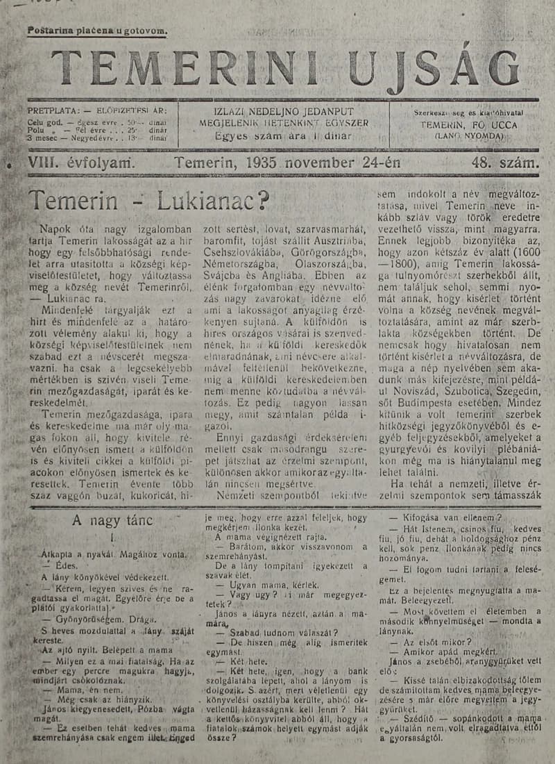Temerini Újság 1928-1944, 8. évf. 1935. november 24. 48. sz.
