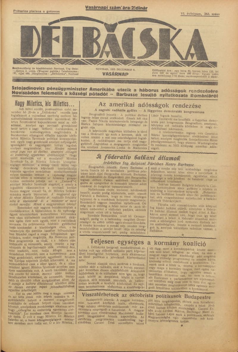 Délbácska, 6. évf. 1925. december 6. 283. sz.