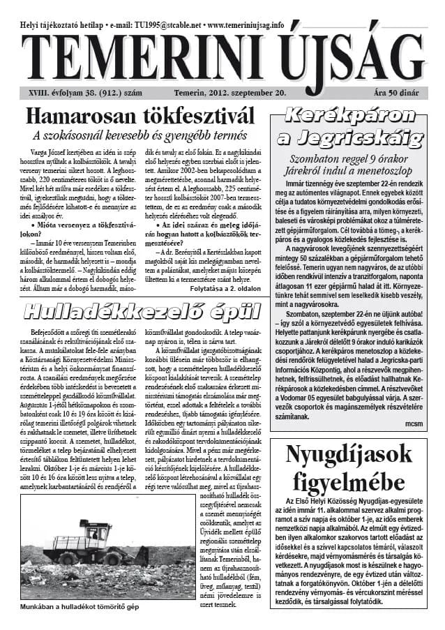 Temerini Újság, 18. évf. 2012. szeptember 20. 38. sz.