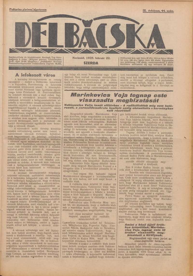 Délbácska, 9. évf. 1928. február 22. 44. sz.