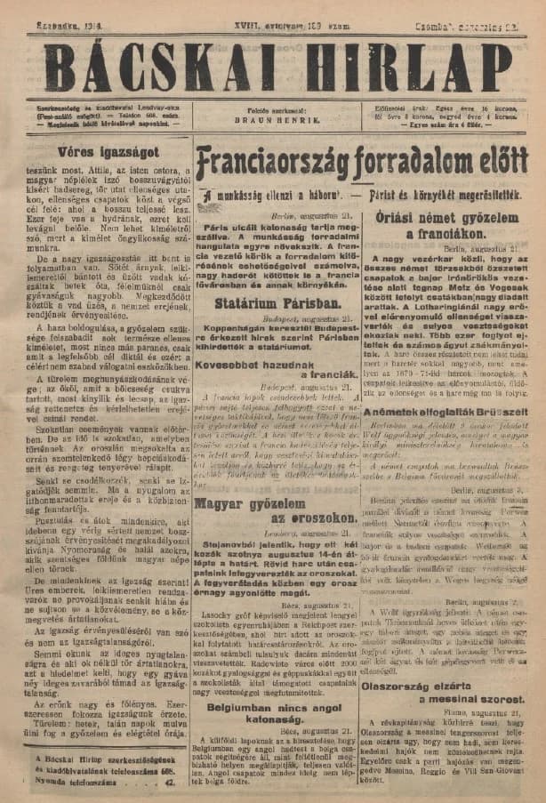 Bácskai Hirlap, 18. évf. 1914. augusztus 22. 189. sz.