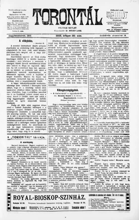 Torontál, 39. évf. 1910. december 15. 285. sz.