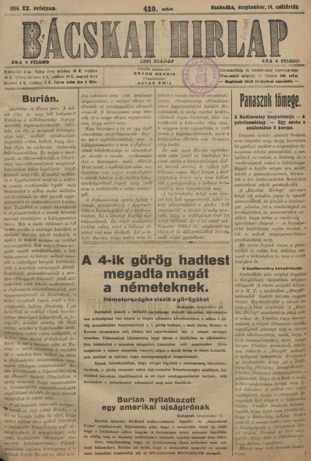 Bácskai Hirlap, 20. évf. 1916. szeptember 14. 420. sz.