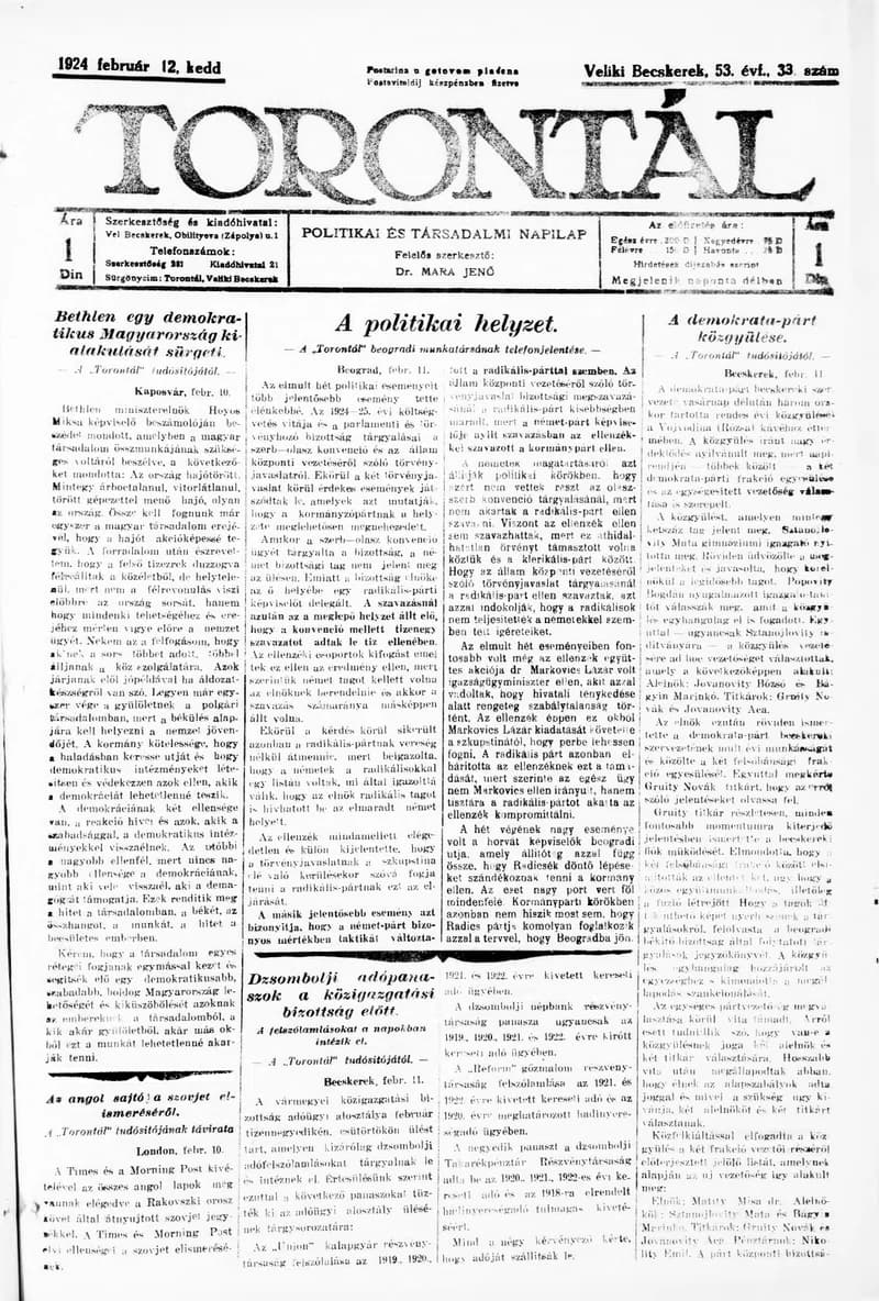Torontál, 53. évf. 1924. február 12. 33. sz.